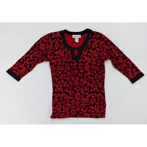 Cathy Daniels Women's Sweater Size S Red Black Print 3/4 Sleeve Beaded Neckline